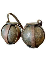 Pair of Antique French Boule "Bocce" Balls | Solid Brass with Original Leather Strap | c. 1890–1900