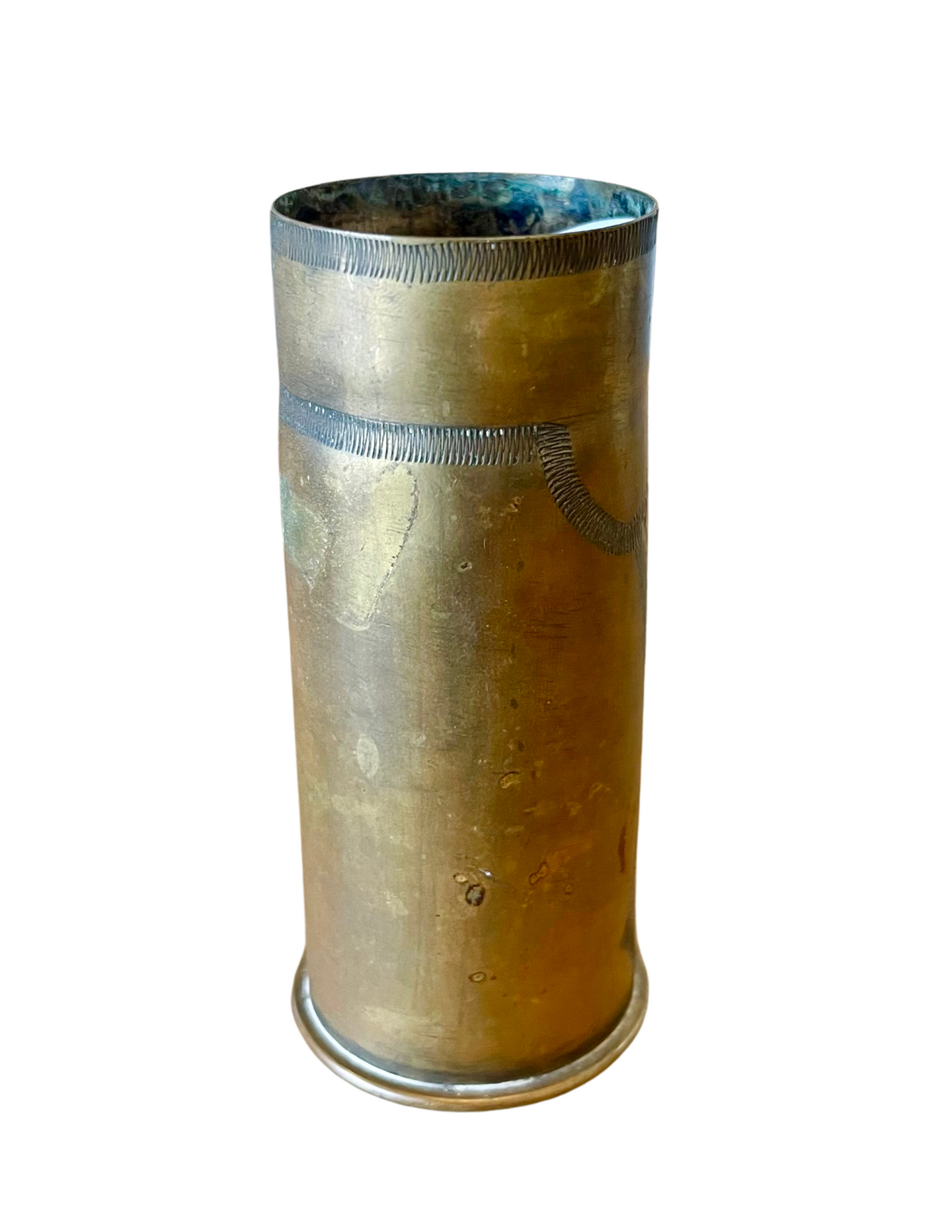French WWI 37mm Pom-Pom Trench Art Bud Vase – Floral Relief