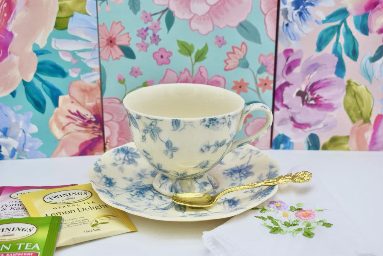 Blue and White Rose Toile Scallop Teacup and Saucer