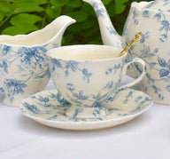 Blue and White Rose Toile Scallop Teacup and Saucer
