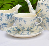 Blue and White Rose Toile Scallop Teacup and Saucer