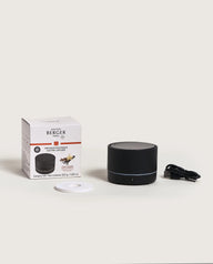 Black Maison Berger Nomad portable electric diffuser with Vanilla Gourmet fragrance refill, USB rechargeable cordless home fragrance diffuser with modern minimalist design.