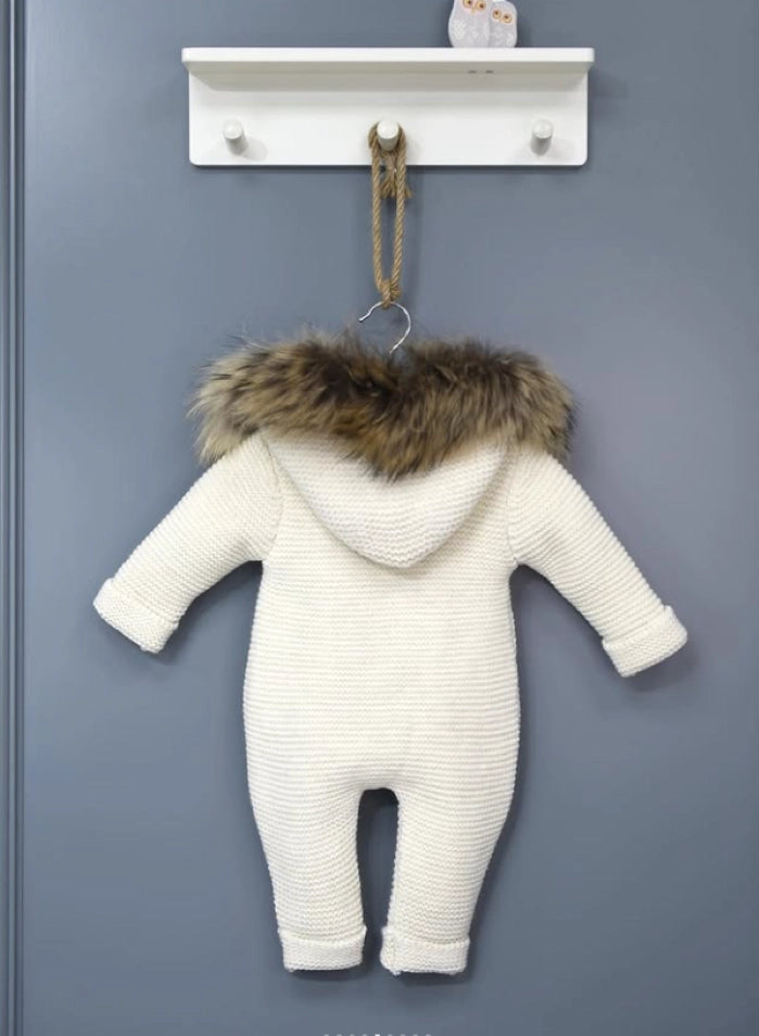 Knitted Wool Romper with Hood & Removable Fur Trim