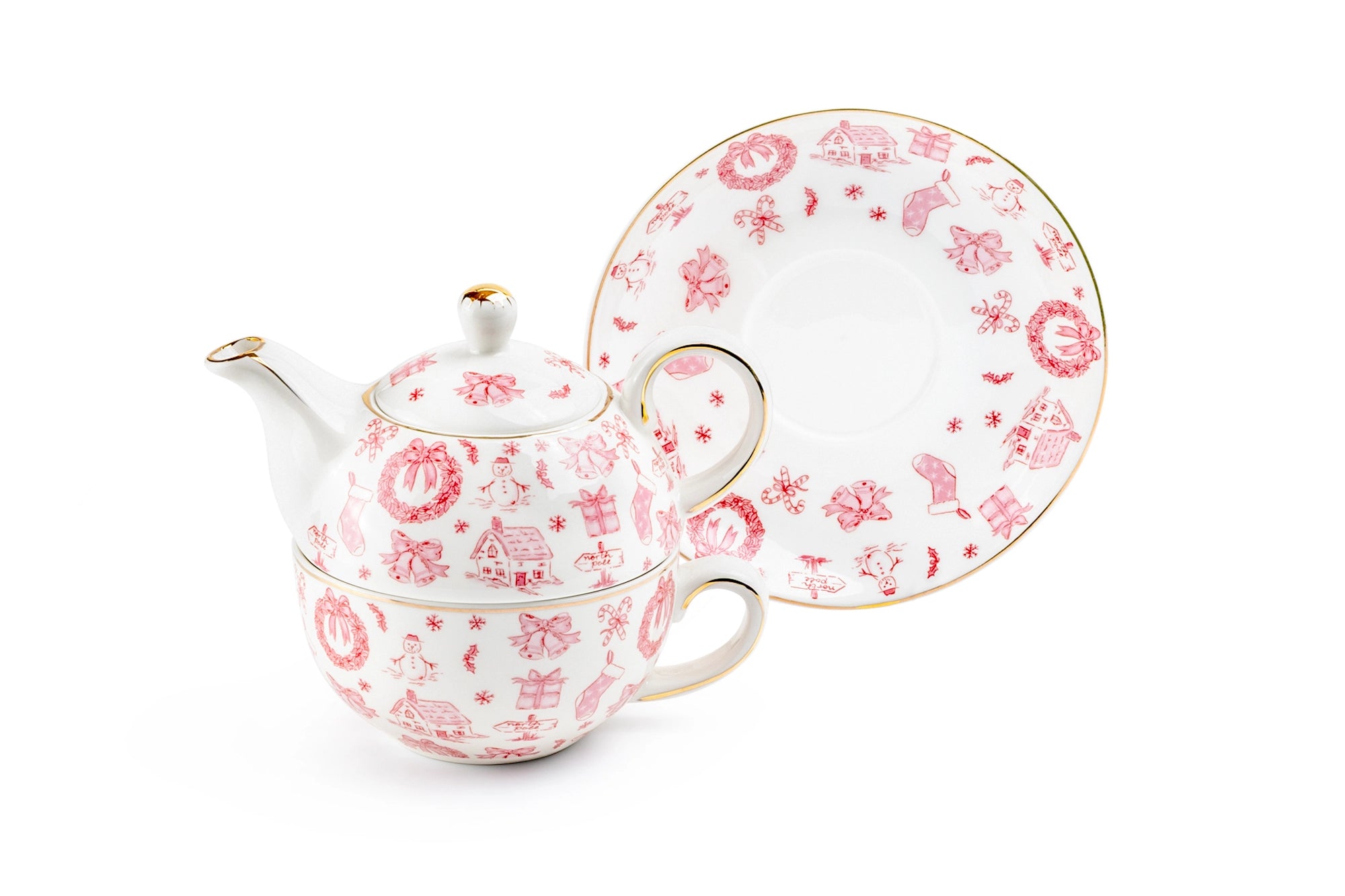 Christmas Pink Bow Fine Porcelain Tea-for-One Set