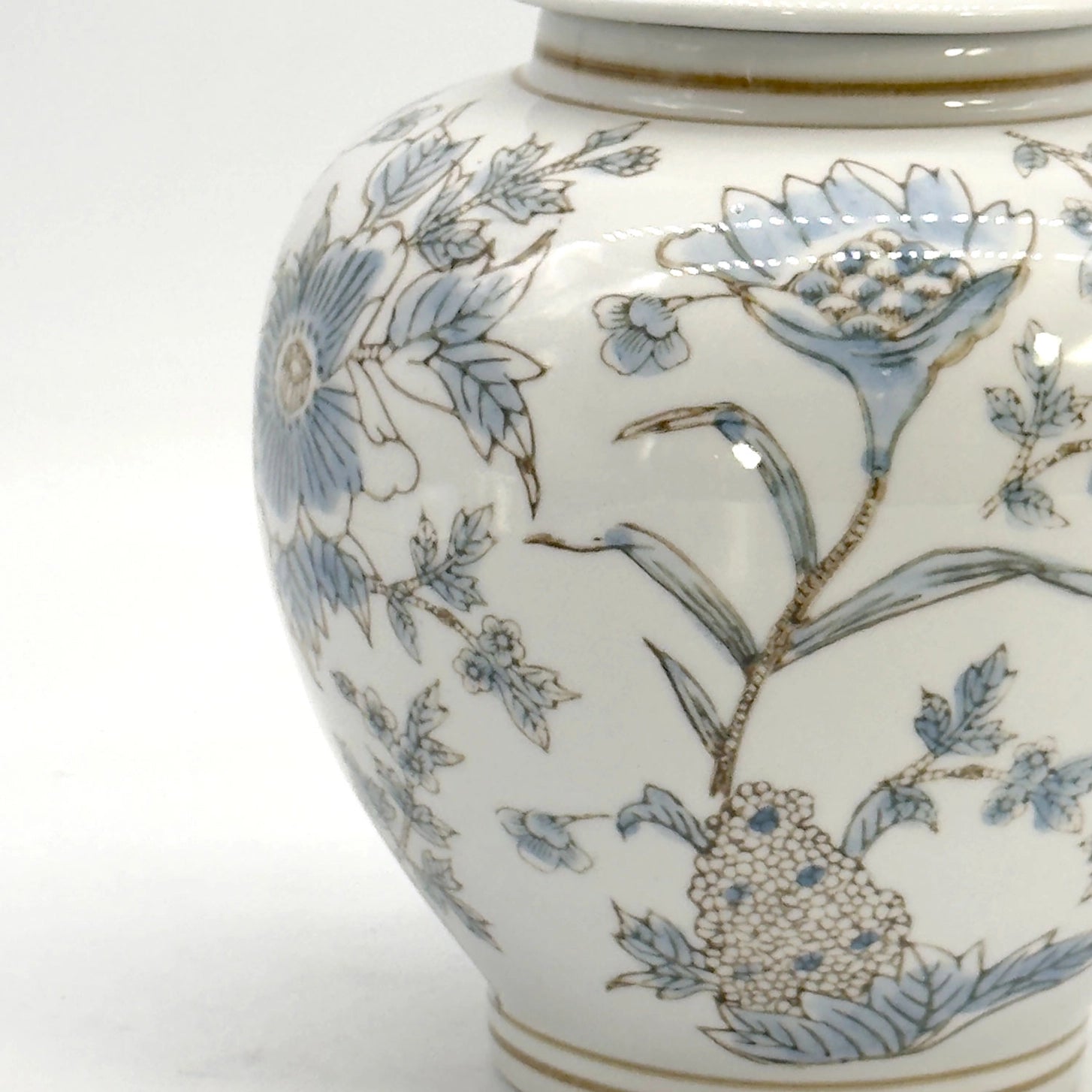 Blue & White Botanical Ceramic Ginger Jar – 10” Decorative Chinoiserie Lidded Jar