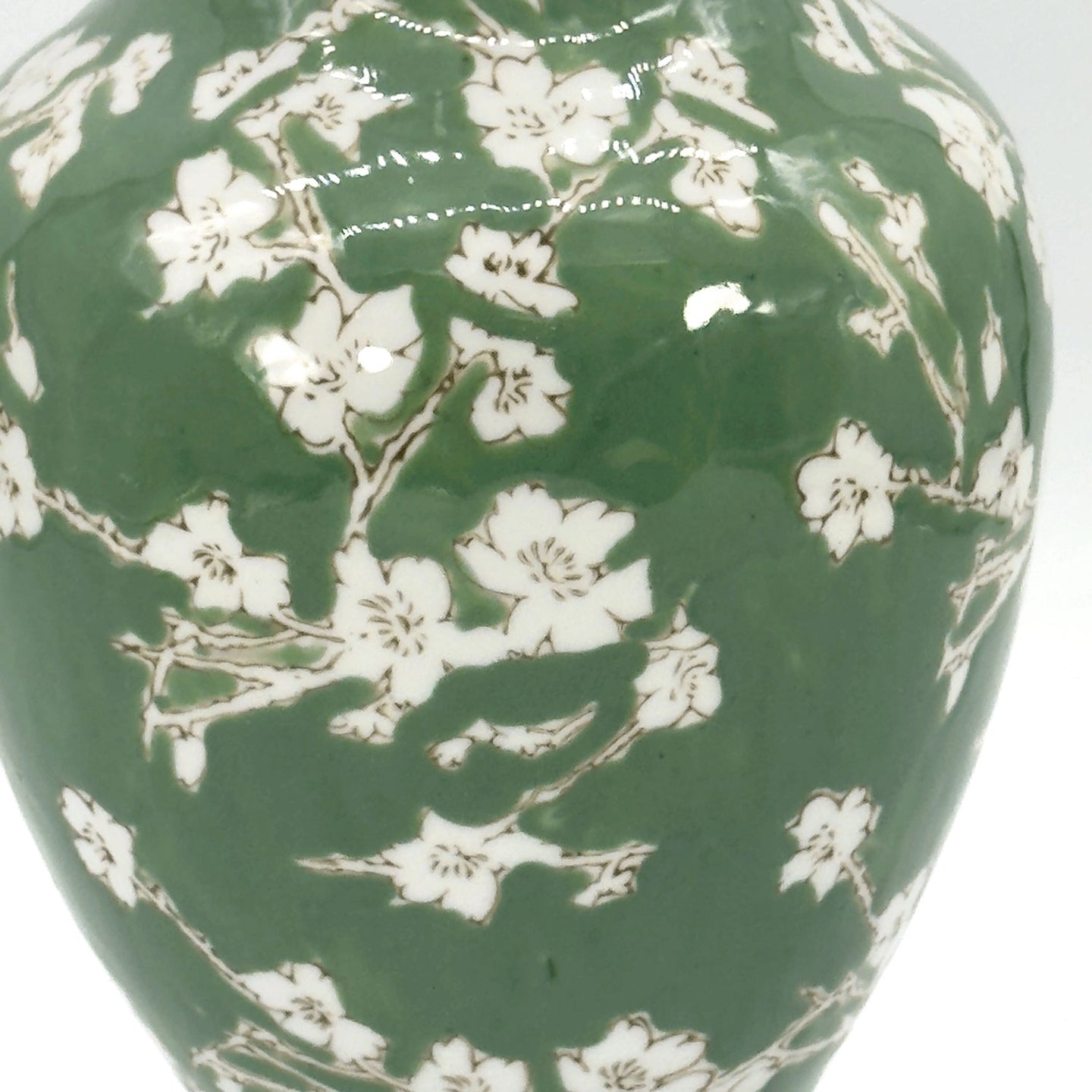 Green & White Sakura Chinoiserie Ceramic Vase – 14” Floral Decorative Accent Vase