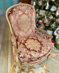 Pair of 19th Century Louis XV-Style Giltwood Fauteuils in Rose Damask Velvet