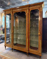 19th Century Antique French Triple-Door Vitrine with Velvet Back & Interior Lighting