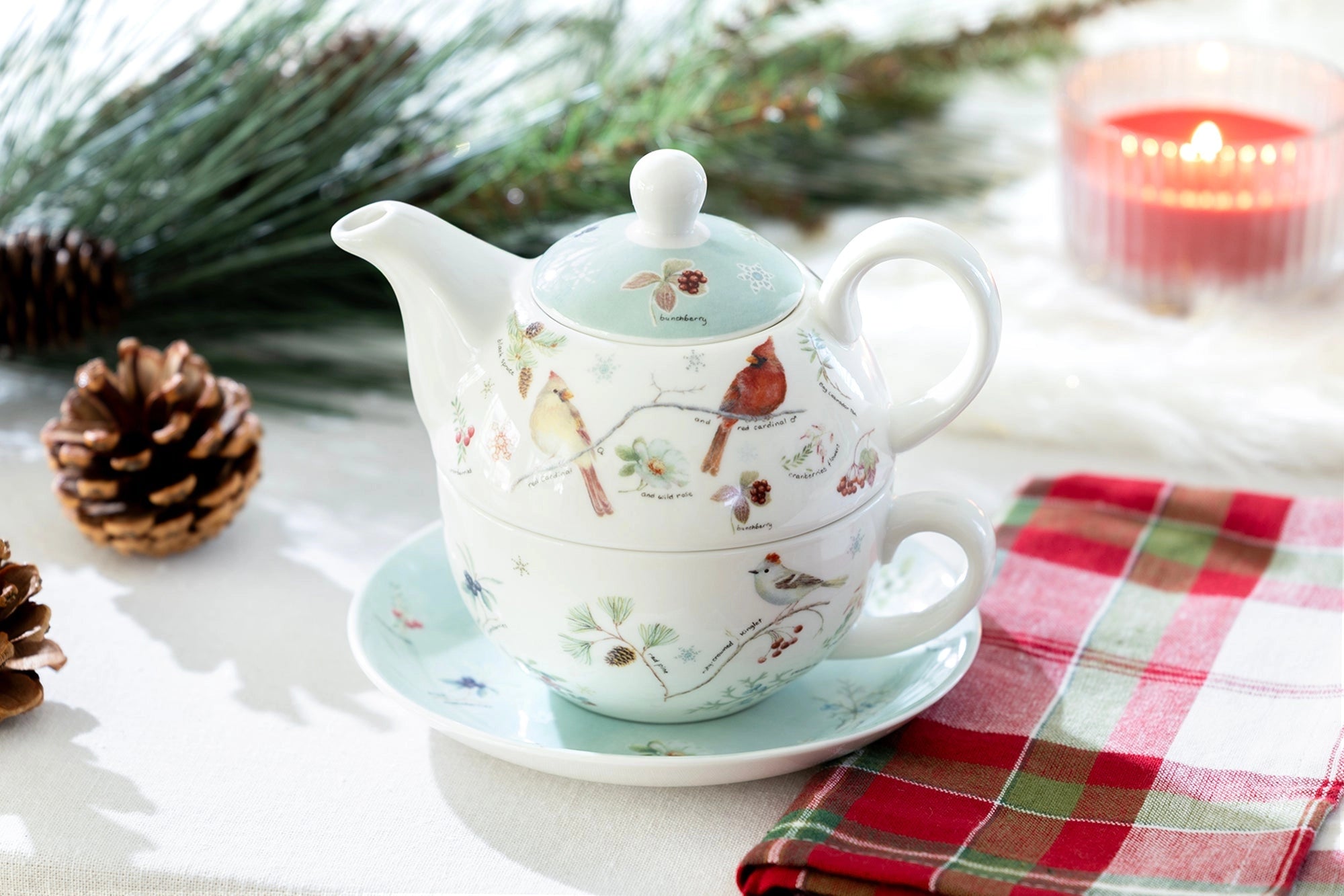 Winter Cardinals Porcelain Tea-for-One Set