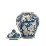 Navy Blue Floral Ceramic Ginger Jar – 12” Decorative Chinoiserie Lidded Jar