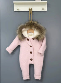 Knitted Wool Romper with Hood & Removable Fur Trim