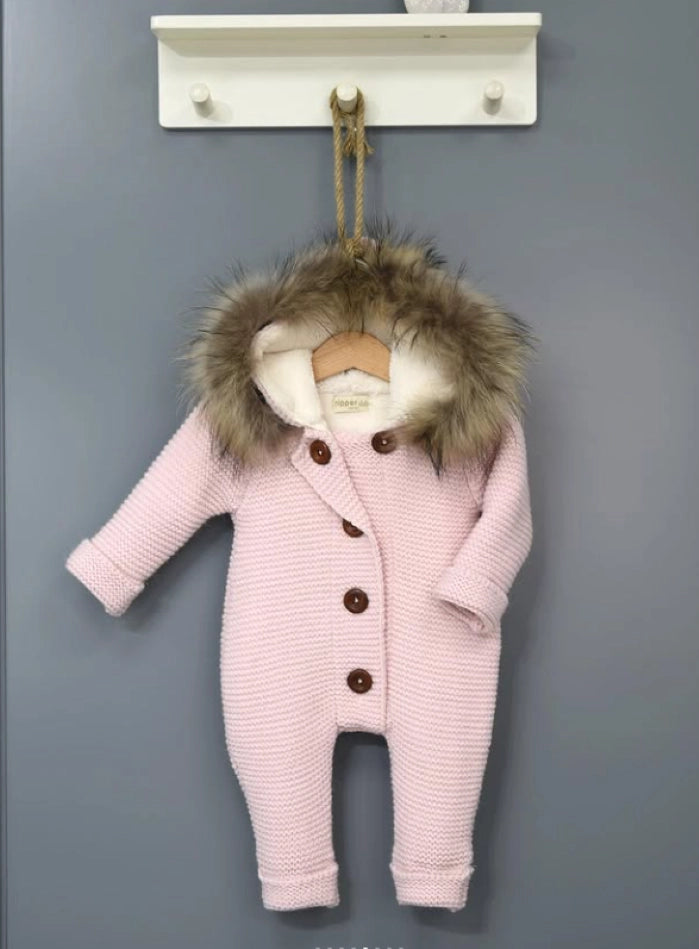 Knitted Wool Romper with Hood & Removable Fur Trim