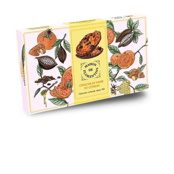 Maison de Florentins French lemon and dark chocolate Florentine biscuits in elegant botanical packaging with crisp almond cookies dipped in dark chocolate.