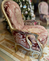 Pair of 19th Century Louis XV-Style Giltwood Fauteuils in Rose Damask Velvet