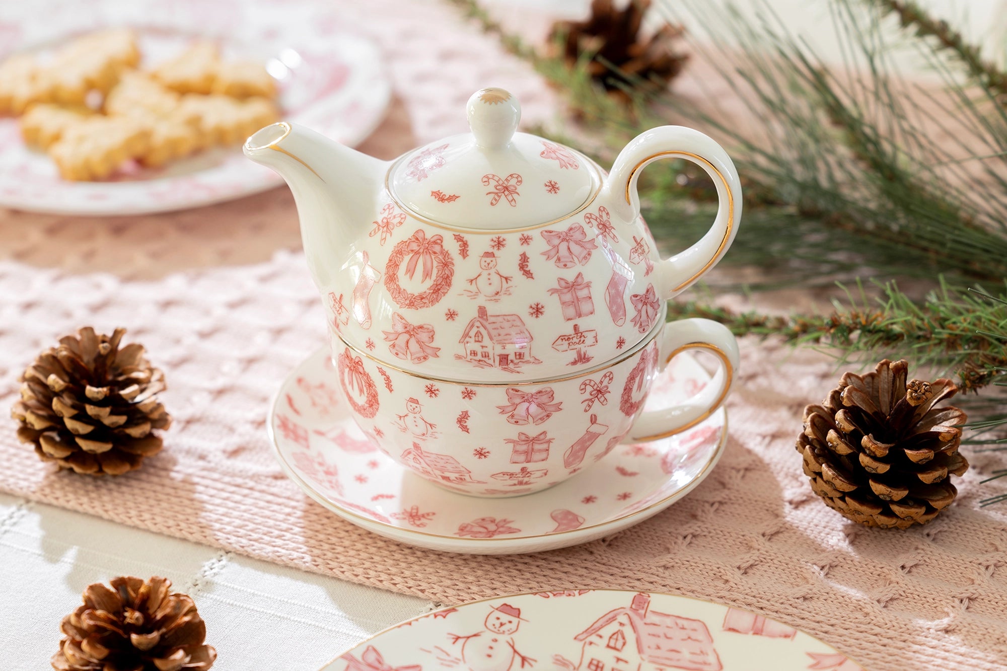 Christmas Pink Bow Fine Porcelain Tea-for-One Set