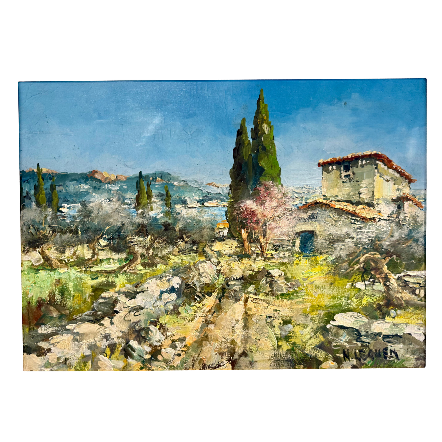 Midcentury French Provençal Landscape Oil Painting by Nicole Le Guen