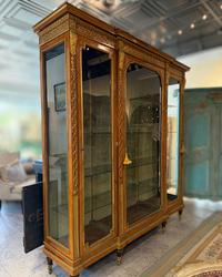 19th Century Antique French Triple-Door Vitrine with Velvet Back & Interior Lighting