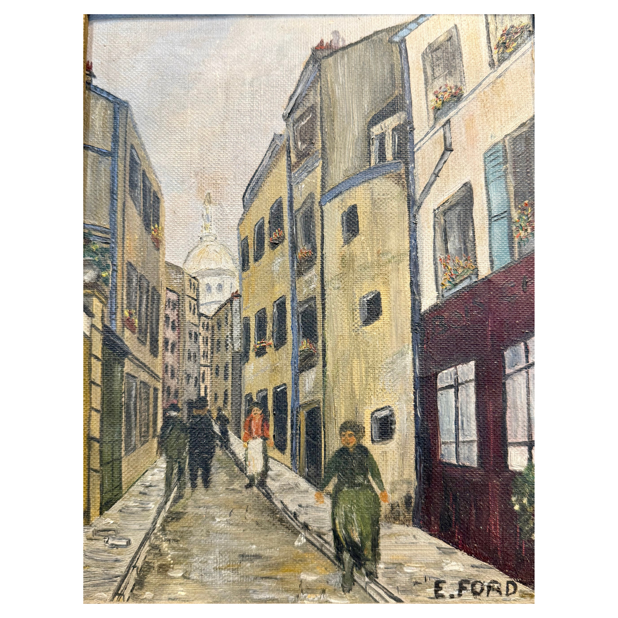 “Rue de Montmartre” — 1940s French Oil Painting by E. Ford