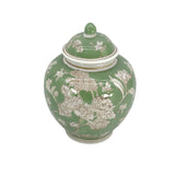 Green Floral Ceramic Ginger Jar – 10” Decorative Chinoiserie Lidded Jar