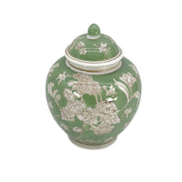 Green Floral Ceramic Ginger Jar – 10” Decorative Chinoiserie Lidded Jar