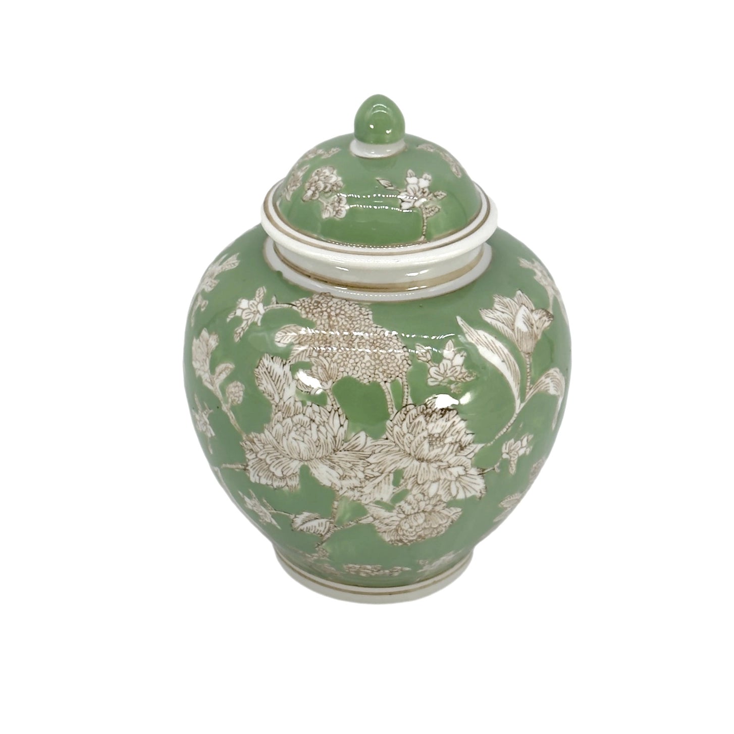 Green Floral Ceramic Ginger Jar – 10” Decorative Chinoiserie Lidded Jar