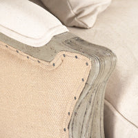 French Country Linen Sofa – Adele Carved Wood Upholstered Sofa in Jute & Off White