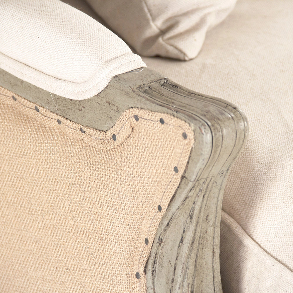 French Country Linen Sofa – Adele Carved Wood Upholstered Sofa in Jute & Off White
