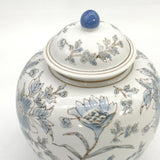 Blue & White Botanical Ceramic Ginger Jar – 10” Decorative Chinoiserie Lidded Jar