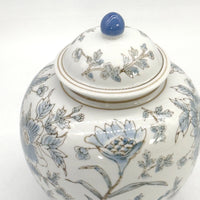 Blue & White Botanical Ceramic Ginger Jar – 10” Decorative Chinoiserie Lidded Jar