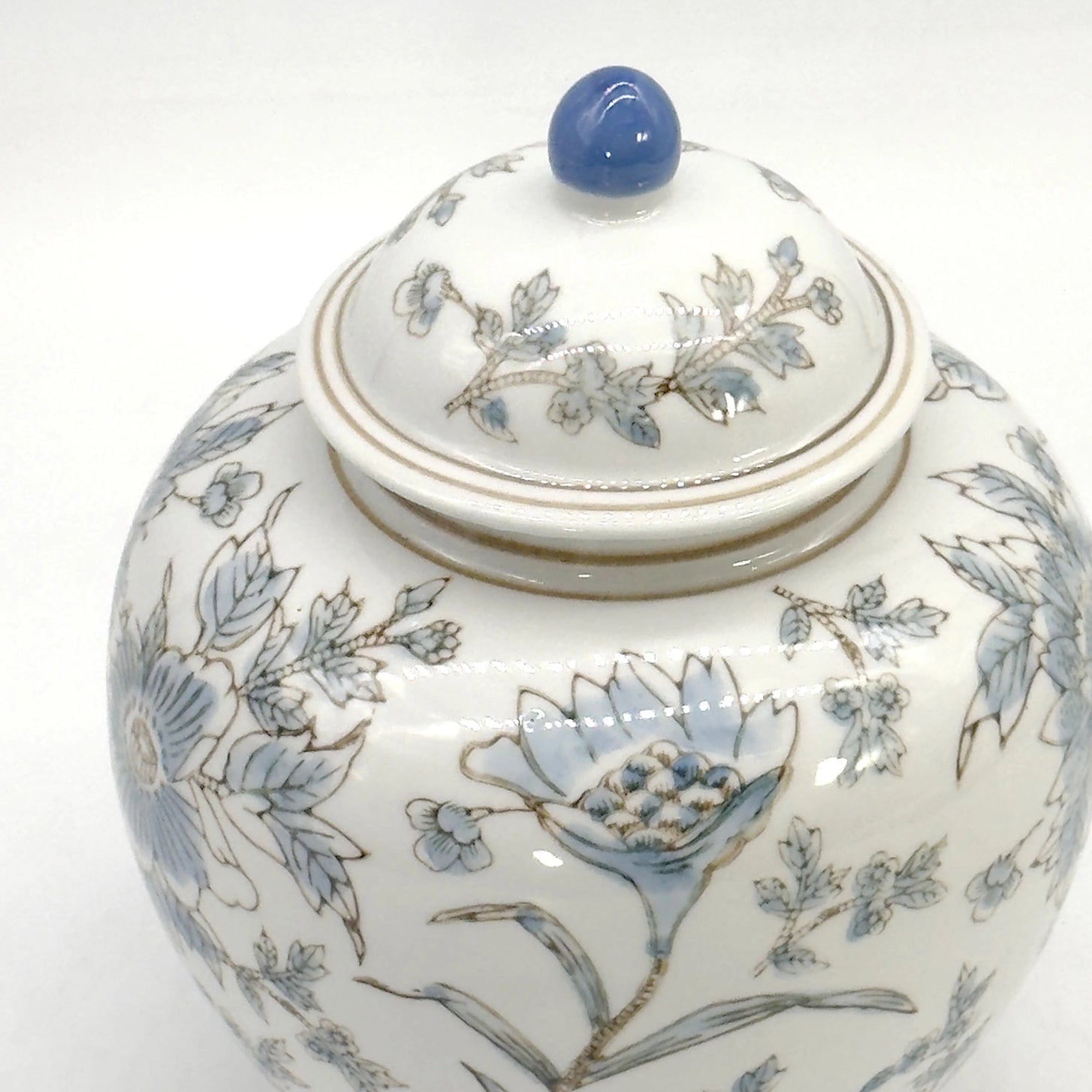 Blue & White Botanical Ceramic Ginger Jar – 10” Decorative Chinoiserie Lidded Jar