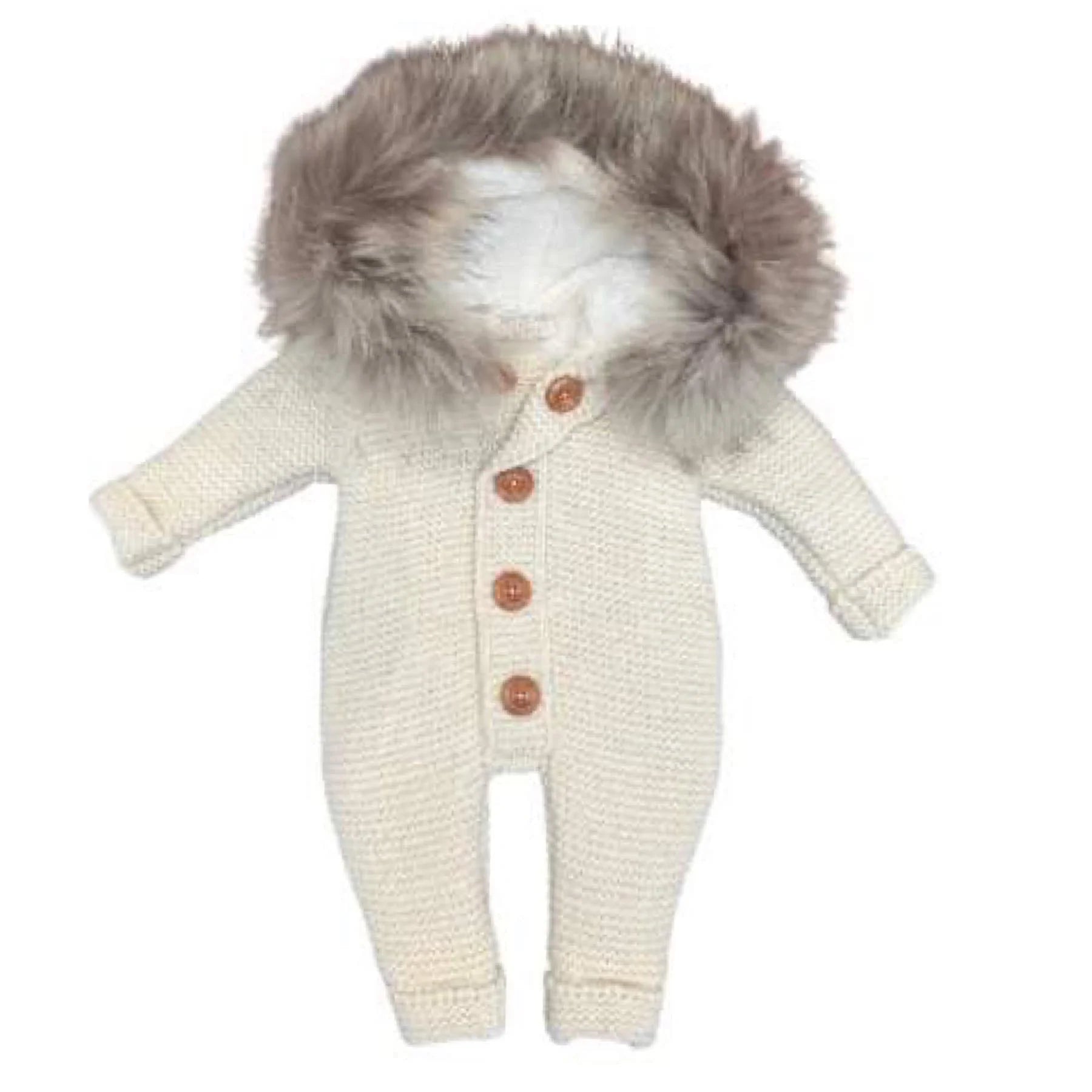Knitted Wool Romper with Hood & Removable Fur Trim