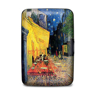 Vincent van Gogh Café Terrace at Night RFID armored wallet featuring colorful Parisian café artwork on compact aluminum card holder.