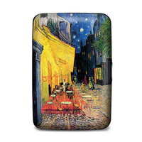 Vincent van Gogh Café Terrace at Night RFID armored wallet featuring colorful Parisian café artwork on compact aluminum card holder.