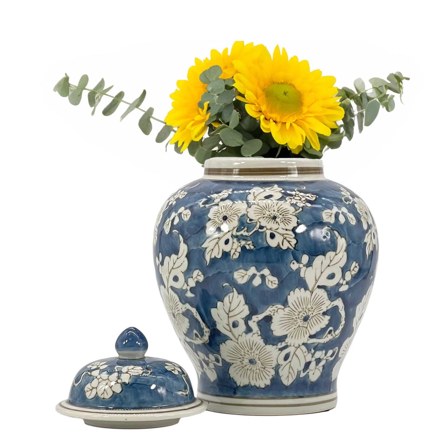 Navy Blue Floral Ceramic Ginger Jar – 12” Decorative Chinoiserie Lidded Jar