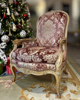 Pair of 19th Century Louis XV-Style Giltwood Fauteuils in Rose Damask Velvet