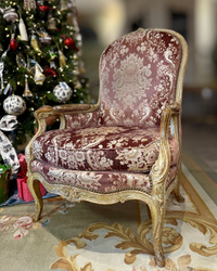 Pair of 19th Century Louis XV-Style Giltwood Fauteuils in Rose Damask Velvet