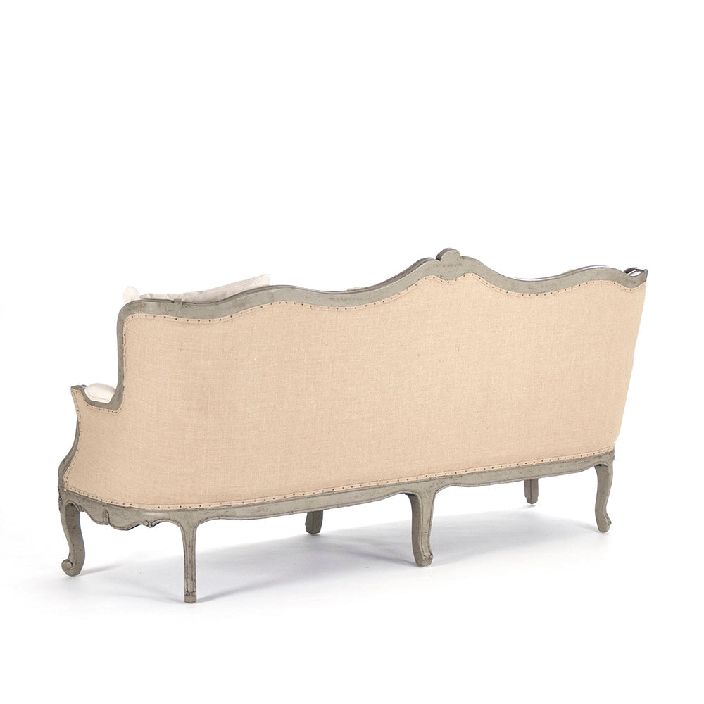 French Country Linen Sofa – Adele Carved Wood Upholstered Sofa in Jute & Off White