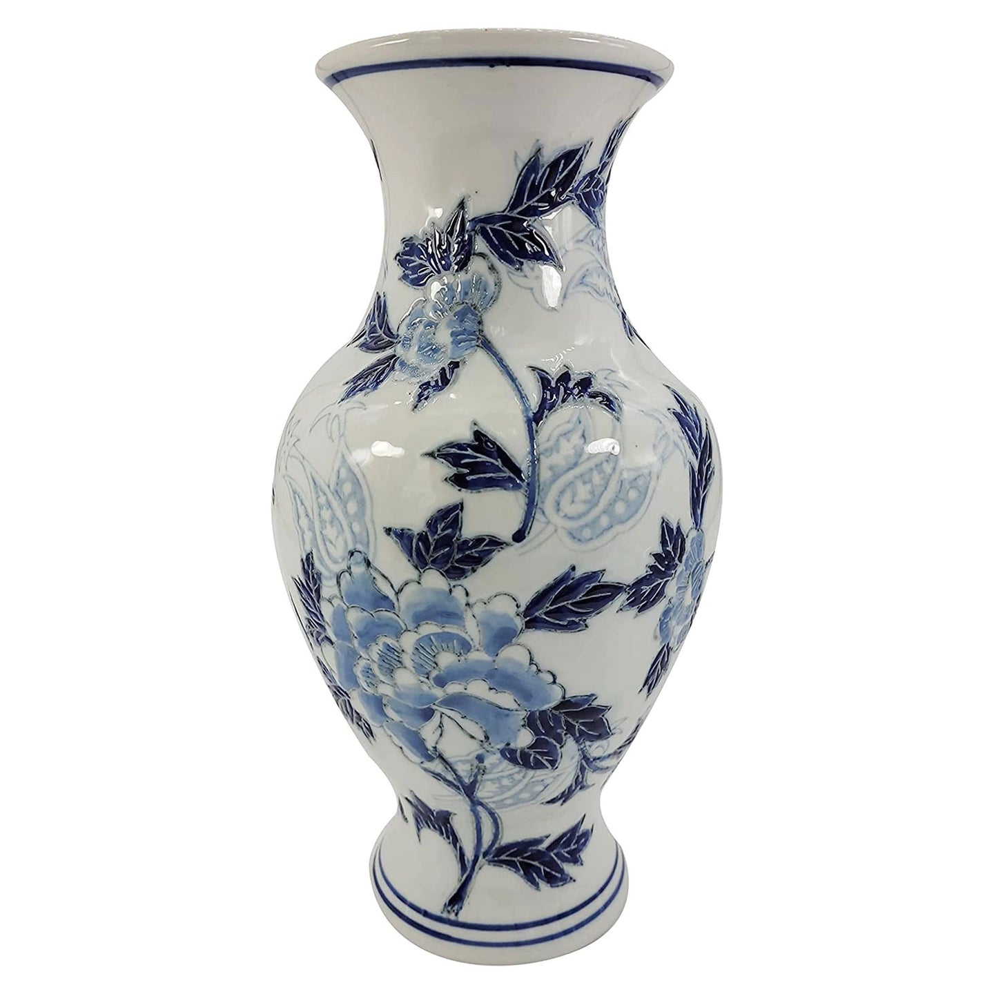 Blue and white chinoiserie ceramic vase with floral pattern, 14 inch decorative accent vase for home decor