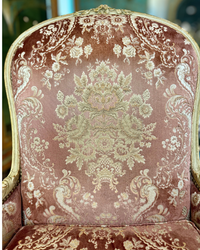 Pair of 19th Century Louis XV-Style Giltwood Fauteuils in Rose Damask Velvet