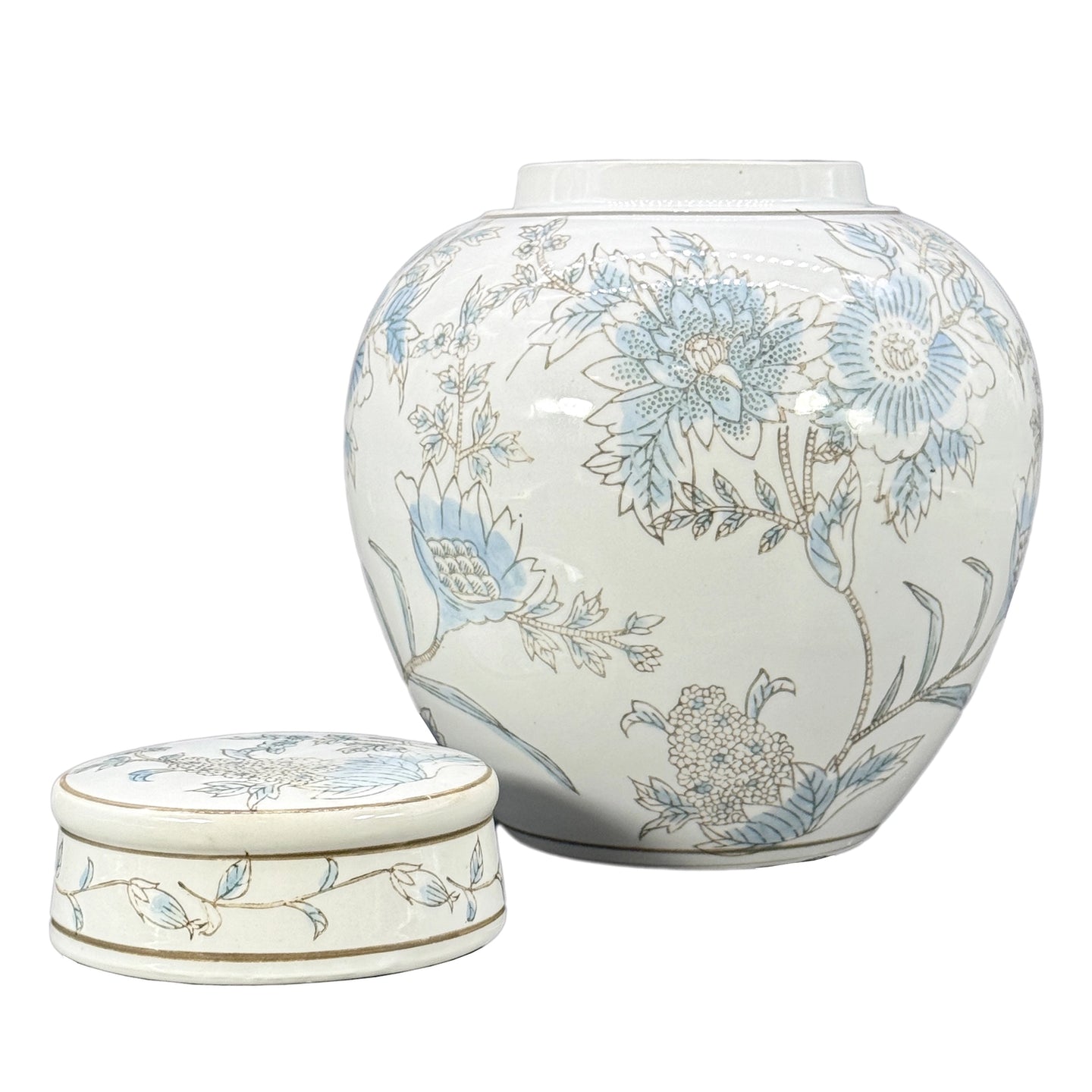 Blue & White Floral Ceramic Ginger Jar – 10” Decorative Chinoiserie Lidded Jar