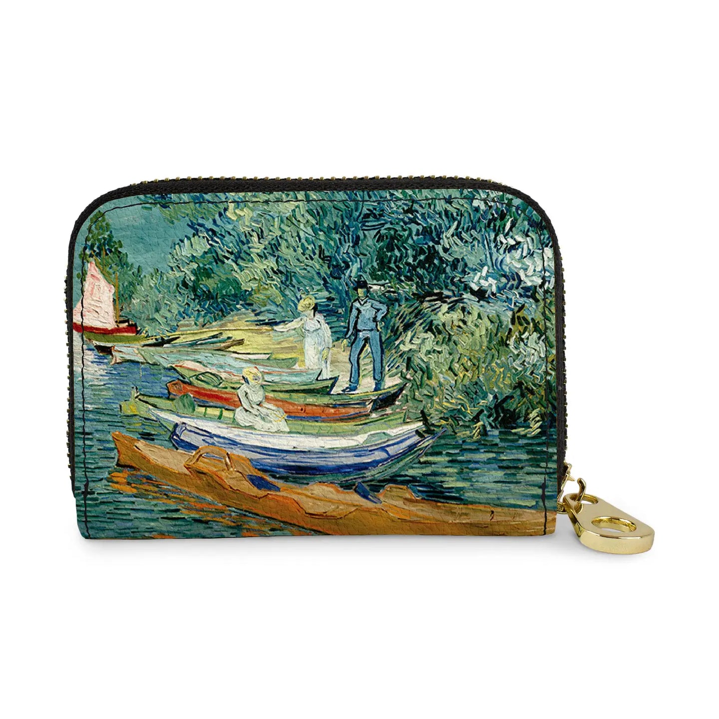 Vincent van Gogh Bank of the Oise RFID zipper wallet featuring Impressionist riverside artwork on textured vegan leather accordion wallet.