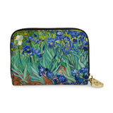Van Gogh Irises RFID zip-around wallet featuring blue floral artwork, vegan leather exterior, accordion card organizer, and secure zipper closure.