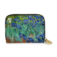 Van Gogh Irises RFID zip-around wallet featuring blue floral artwork, vegan leather exterior, accordion card organizer, and secure zipper closure.