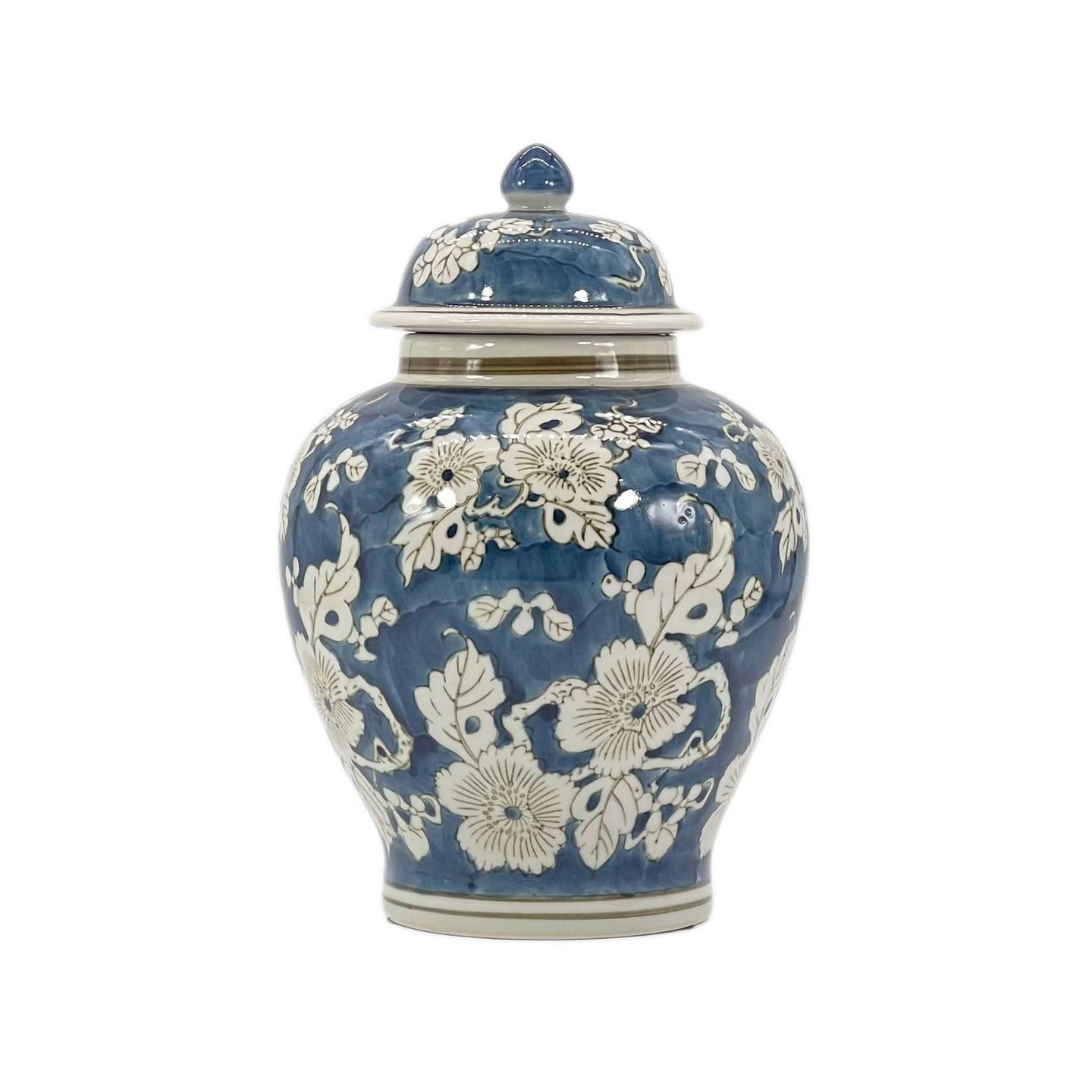 Navy blue floral ceramic ginger jar with lid, 12 inch decorative chinoiserie accent jar for home decor