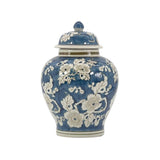 Navy blue floral ceramic ginger jar with lid, 12 inch decorative chinoiserie accent jar for home decor