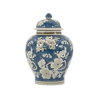 Navy blue floral ceramic ginger jar with lid, 12 inch decorative chinoiserie accent jar for home decor
