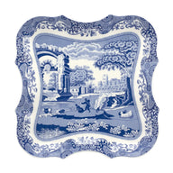 Spode Blue Italian 14-inch Devonia ceramic serving tray featuring the iconic blue and white countryside pattern with an elegant scalloped silhouette.