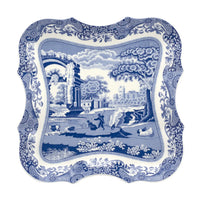 Spode Blue Italian 14-inch Devonia ceramic serving tray featuring the iconic blue and white countryside pattern with an elegant scalloped silhouette.