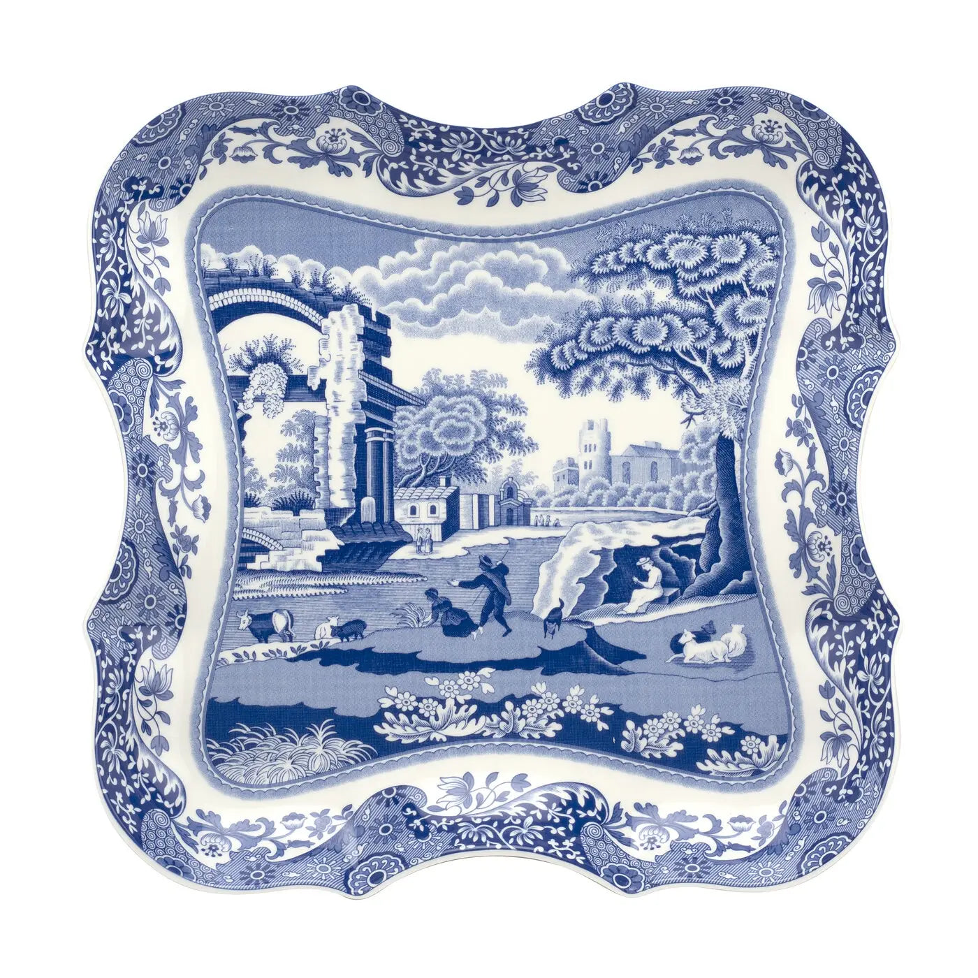 Spode Blue Italian 14-inch Devonia ceramic serving tray featuring the iconic blue and white countryside pattern with an elegant scalloped silhouette.