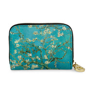 Van Gogh Almond Blossoms RFID zip-around wallet featuring blue floral artwork, vegan leather exterior, accordion card organizer, and secure zipper closure.